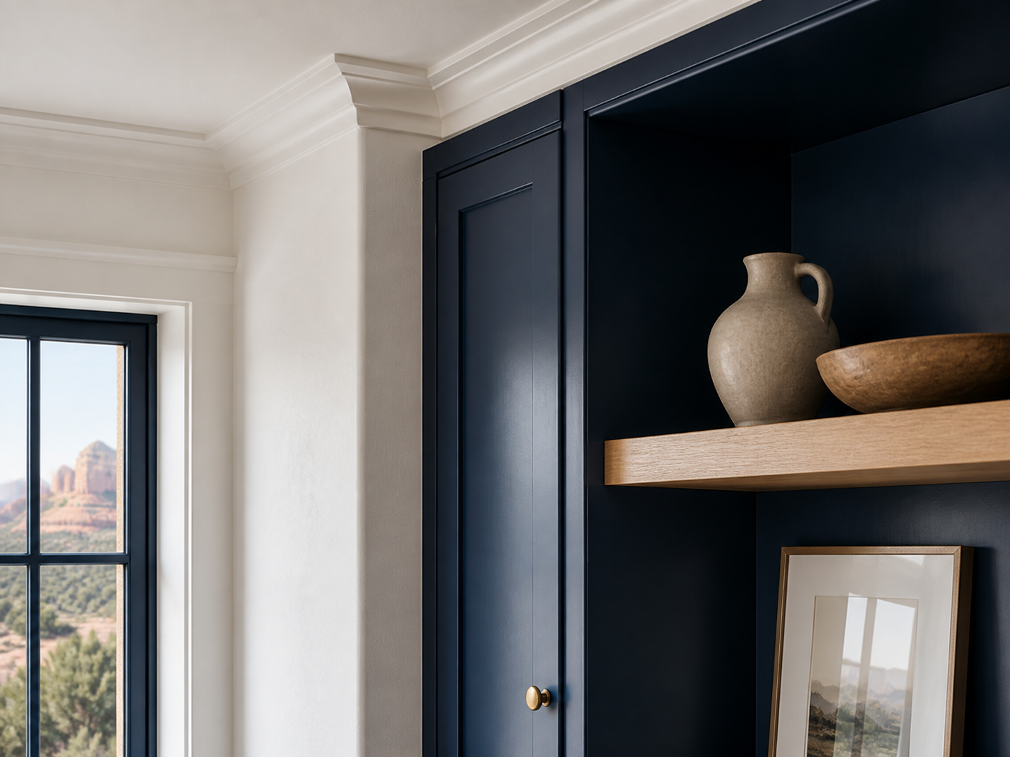 Deep navy finished cabinetry with crisp white crown molding and natural oak shelving