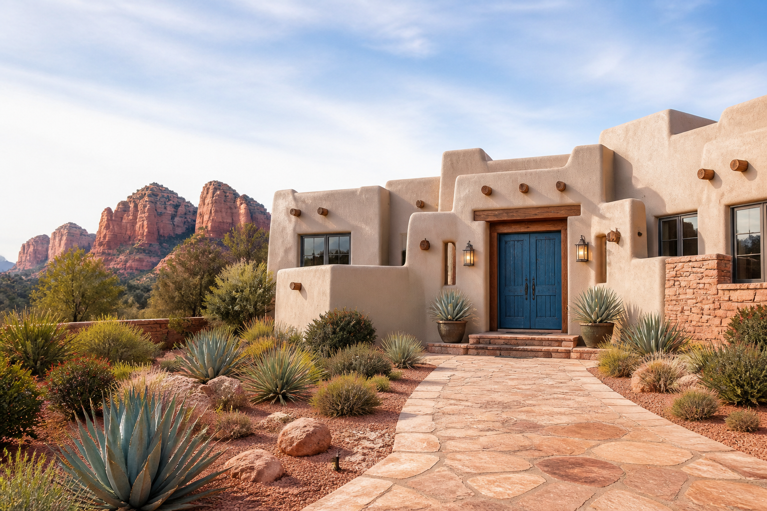 High-end Pueblo Revival home with a blue entry and Sedona red-rock views